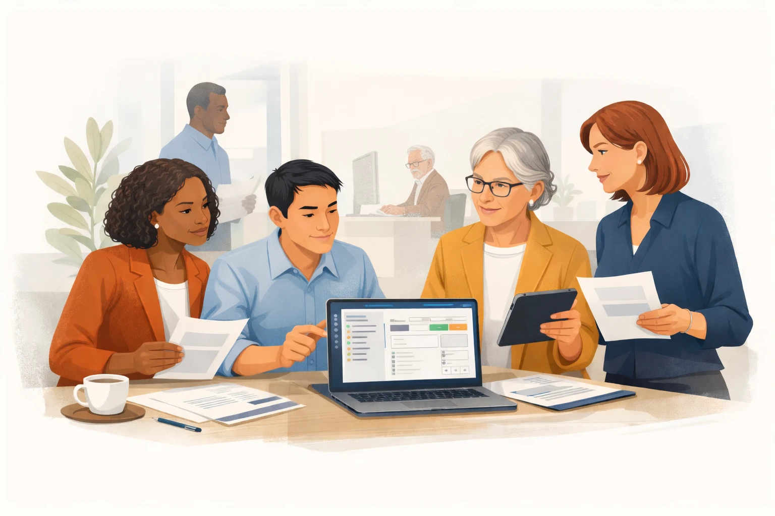 Team collaborating in a modern office using Docwize